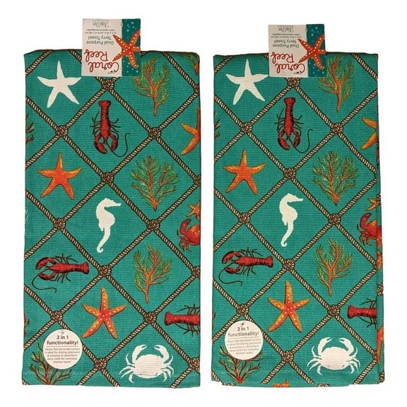 Set of 2 CORAL REEF Sea Life Terry Kitchen Towels by Kay Dee Designs