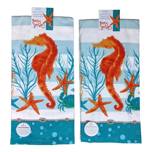 Set of 2 CORAL REEF Seahorse Terry Kitchen Towels by Kay Dee Designs
