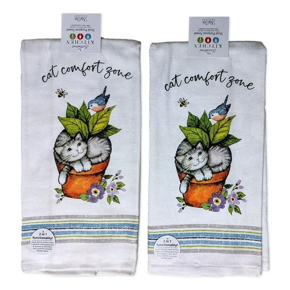 Set of 2 CURIOUS KITTENS Cat Comfort Zone Terry Kitchen Towels, Kay Dee Designs