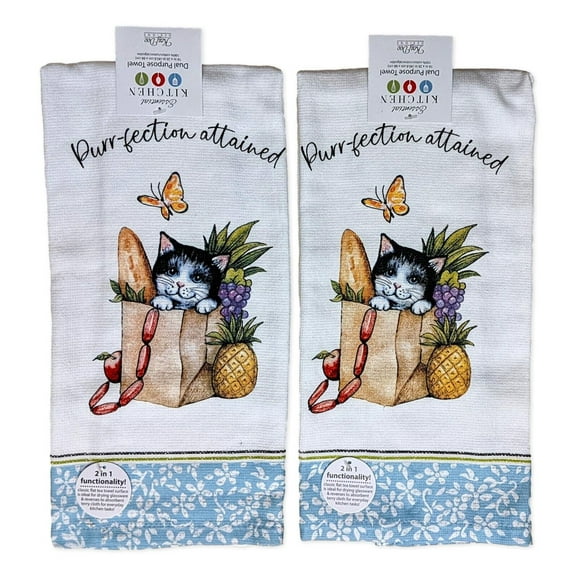 Set of 2 CURIOUS KITTENS Purr-fection Terry Kitchen Towels by Kay Dee Designs