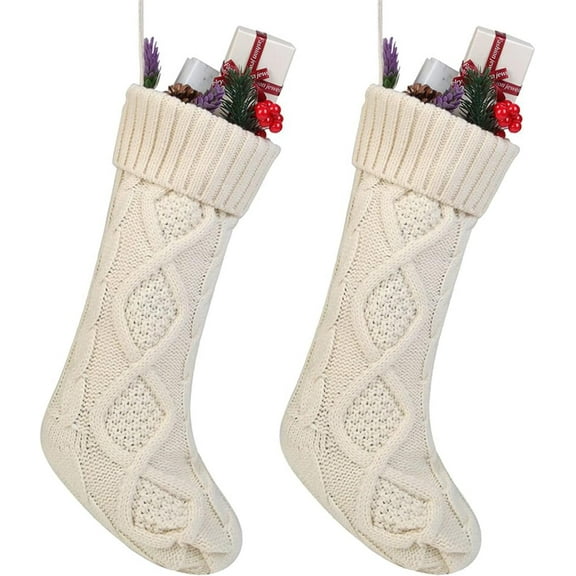 Set of 2 Cable Knit Christmas Stockings Kits Solid Color White Ivory Classic Decorations 18"