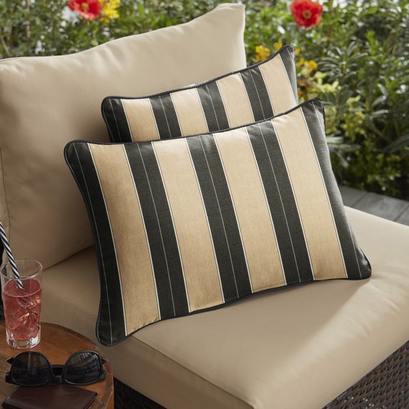 Set of 2 Canvas Black and Beige Berenson Tuxedo Sunbrella Outdoor Lumbar Pillows 13" x 20"