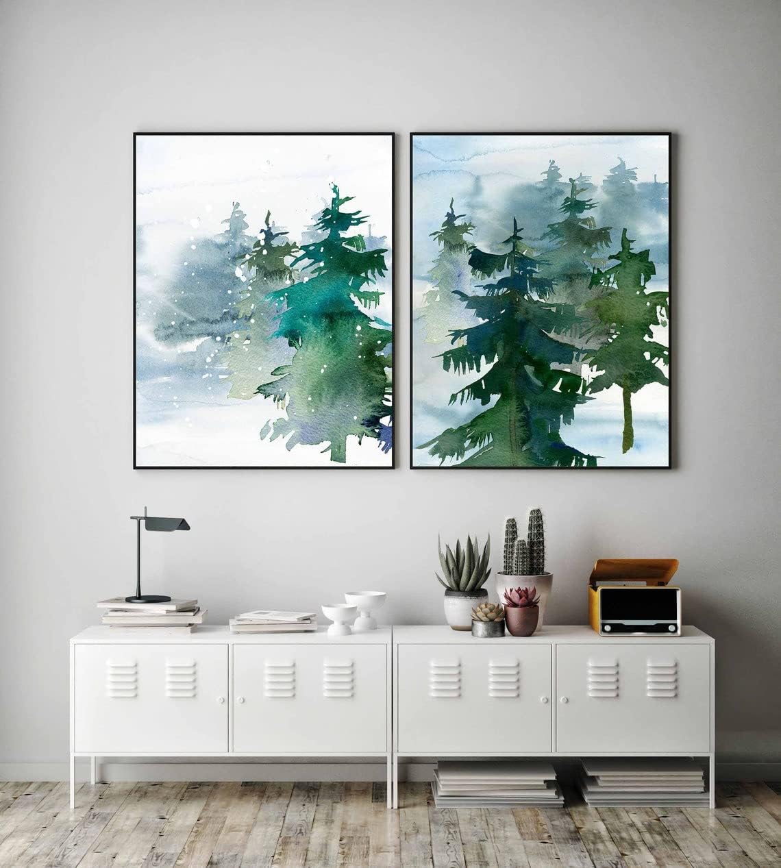 Set of 2 Canvas Poster Prints Pine Forest Evergreen Trees Wall Art
