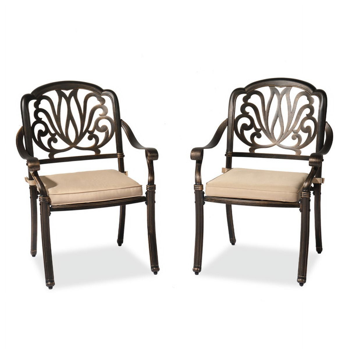 Antique Bronze Cast Aluminum Dining Chairs with Beige Cushions
