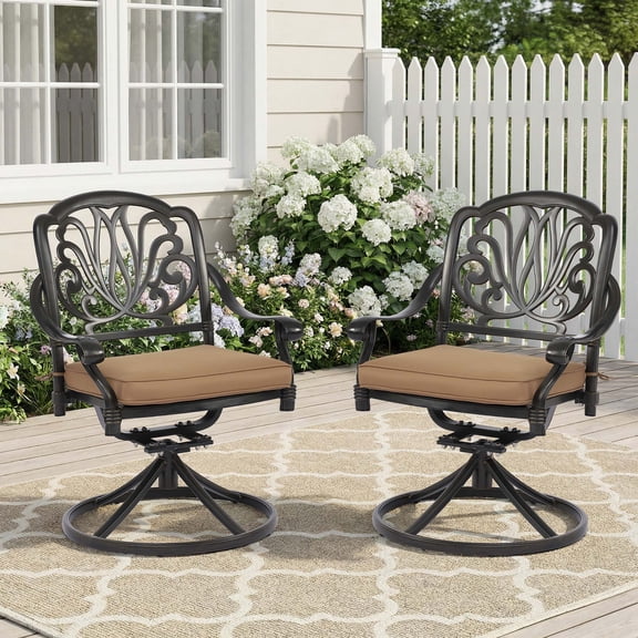 Set of 2 Cast Aluminum Swivel Patio Dining Chairs with Cushions, Outdoor Rocking Chairs, All-Weather Garden Seating