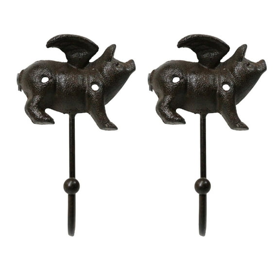 Set of 2 Cast Iron Rustic Country Flying Angel Pig Wall Hooks Coat Towel Hanger