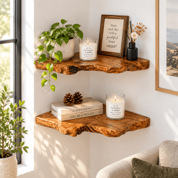 Set of 2 Cedar Wood Live Edge Floating Corner Shelves, 12 x 12 x 2 Inches