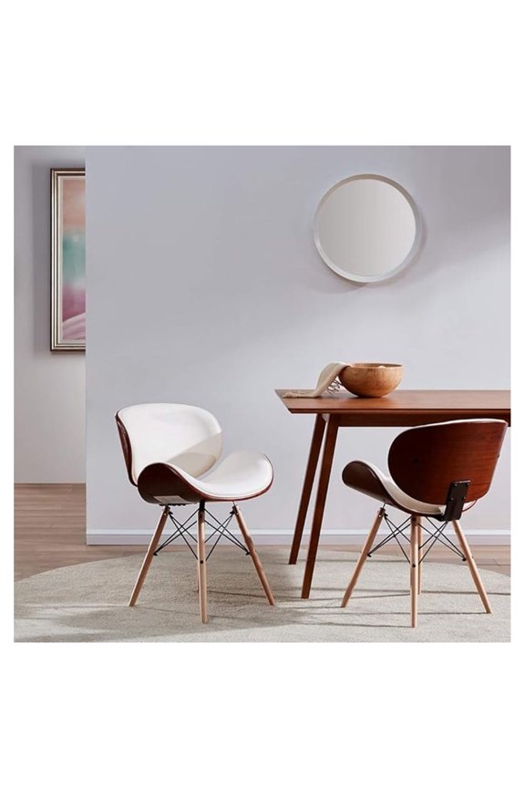 Set of 2 Century , Upholstered Faux Leather Walnut Curved Back Contemporary Kitchen Dining Accent Chair, Minimalist Vintage Style - Avalon (White)