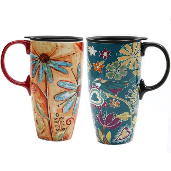 Set of 2 Ceramic Coffee Mugs with Handle and Spill-Proof Lid for Latte, Tea, and Cocoa, 17 Oz, Microwave and Dishwasher Safe, Floral Design
