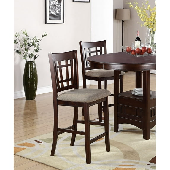 Set of 2 Brown Solid Wood Counter Height Dining Chairs - Upholstered Cushions, Unique Back, Modern Style, 24" Seat Height, for Dining Room