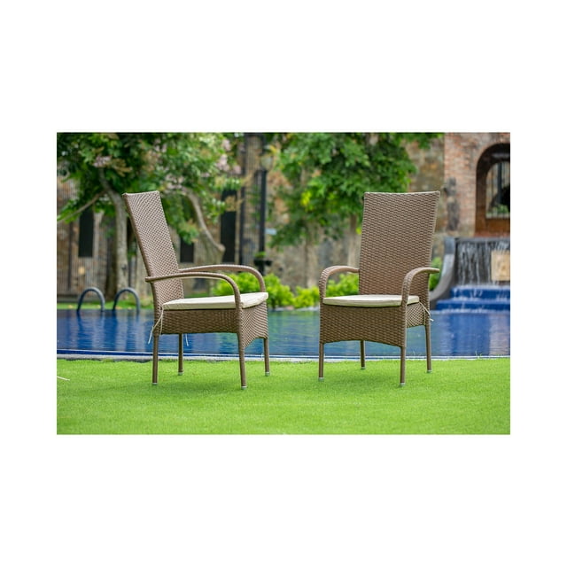 Set of 2 Chairs OSLC102A OSLO PATIO CHAIR WITH CUSHION, BROWN WICKER, AND BEIGE CUSHION