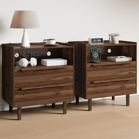 2 Drawers Nightstand Set of 2 with Charging Station, 26" Tall Walnut Bedside Table End Table for Bedroom or Living Room