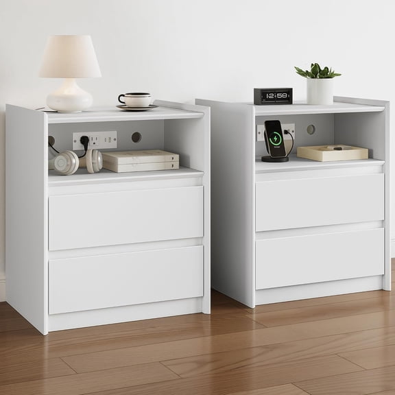 2 Drawers White Nightstand Set of 2 with Charging Station, 24" Tall Bedside Table End Table for Bedroom or Living Room