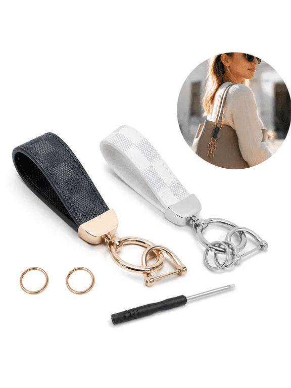 Set of 2 Checkered Faux Leather Keychains, Spring Ring D-Ring Key Straps with Matching Screwdriver, Dual Tone Metal Hardware Car Key Holders