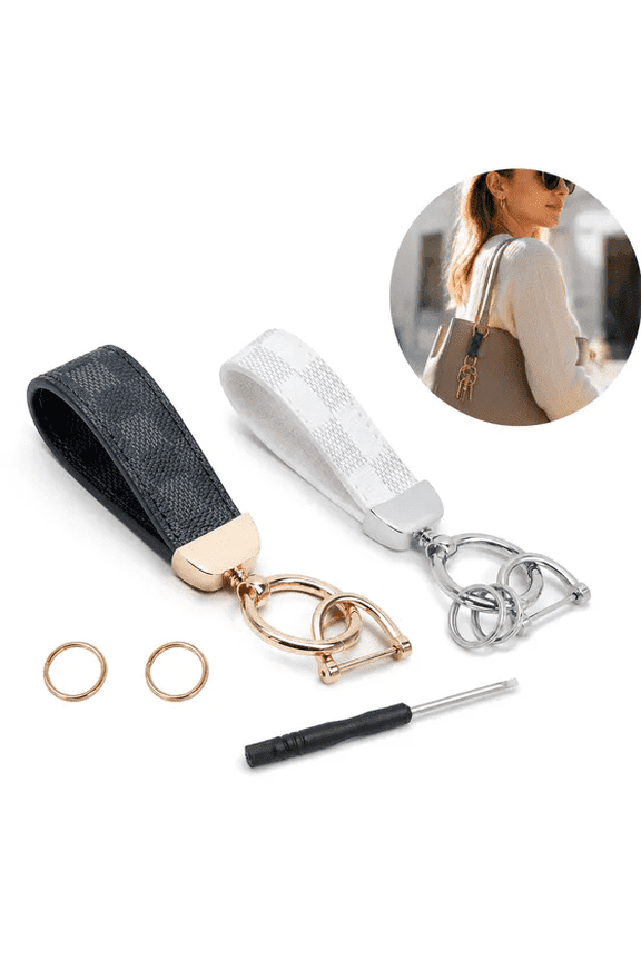 Set of 2 Checkered Faux Leather Keychains, Spring Ring D-Ring Key Straps with Matching Screwdriver, Dual Tone Metal Hardware Car Key Holders