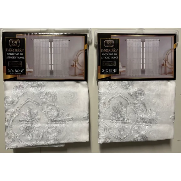 Set of 2 Cheriase Embroidered Sheer Curtains with Attached Valance, 84" Long, White with Silver Embroidery