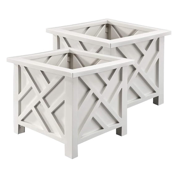 Set of 2 Chippendale Planter Boxes, White Outdoor Flower Holder for Garden, Patio and Lawn 14 sq. x 13 H Overall
