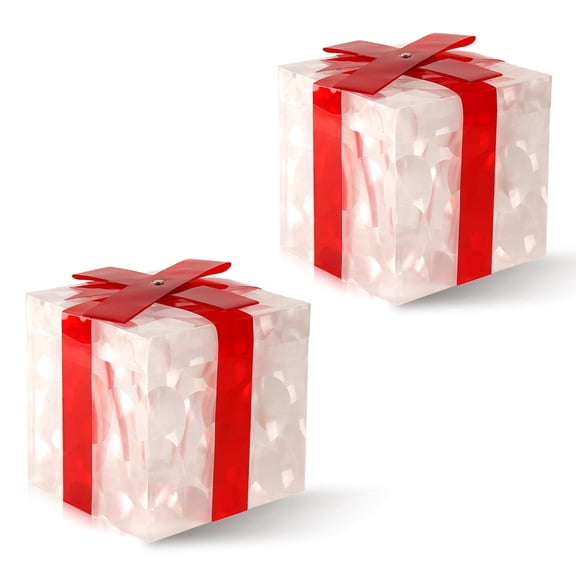 Set of 2 Christmas Boxes Transparent Warm White Christmas Boxes with Red Bows for Xmas Tree Yard Home Holiday Decorations, 6 Inch