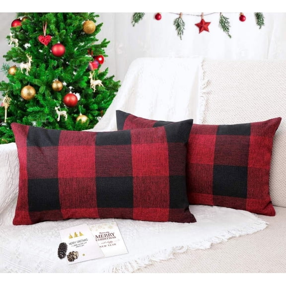 Set of 2 Christmas Buffalo Check Plaid Throw Pillow Covers Cushion Case Polyester for Farmhouse Home Decor Red and Black, 18 x 18 Inches