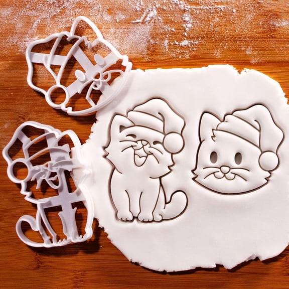 Set of 2 Christmas Cat with Santa Hat Cookie Cutters Cute Cat Face & Full-Body Cookie Molds for Holiday Baking
