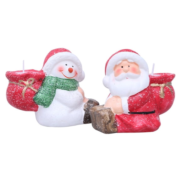 Set of 2 Christmas Ceramic Snowman Santa Figurine with Tealight Elegant Tabletop Decors For Festives Celebration