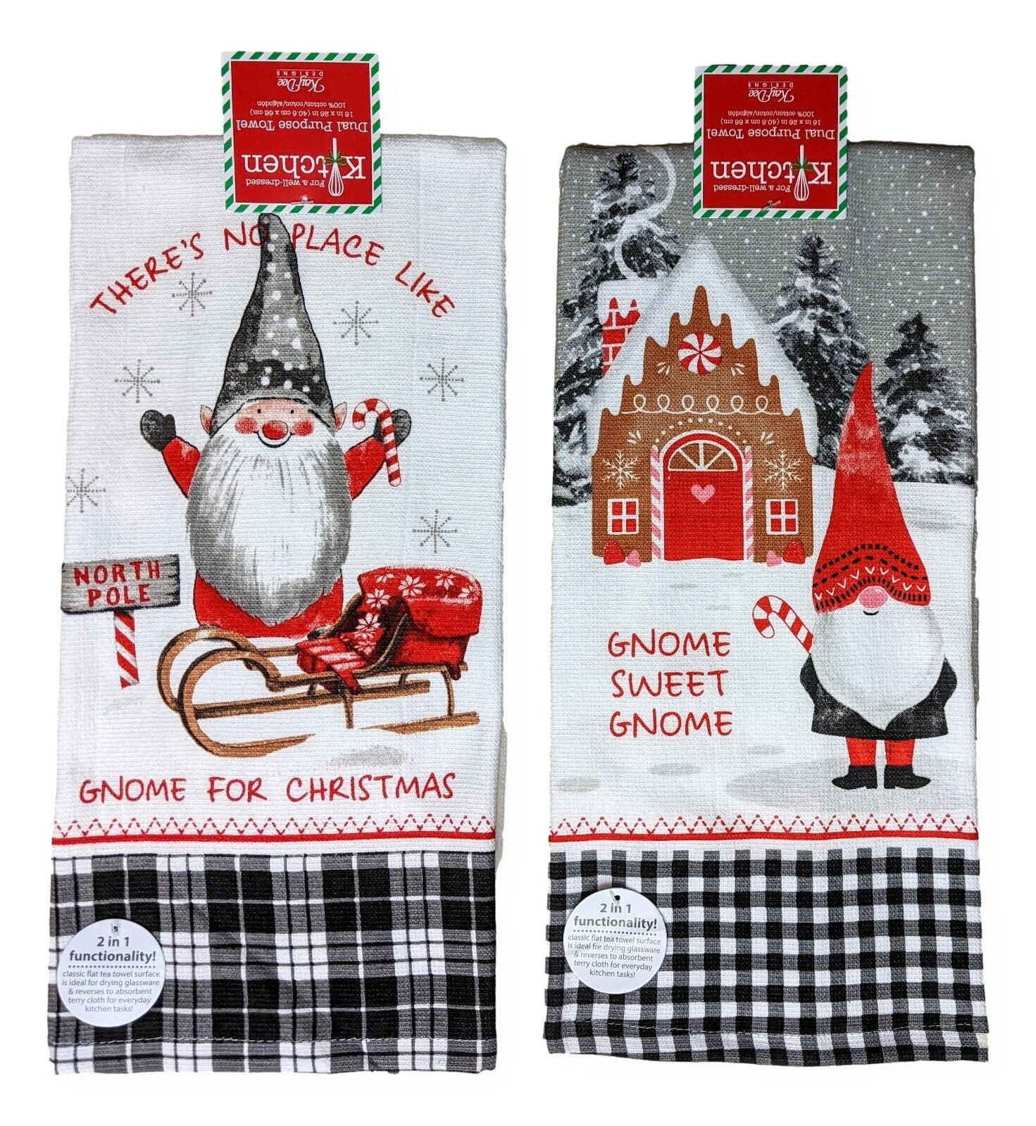 Set of 2 Christmas GNOME SWEET GNOME Terry Kitchen Towels by Kay Dee