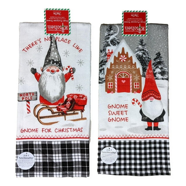 Set of 2 Christmas GNOME SWEET GNOME Terry Kitchen Towels by Kay Dee