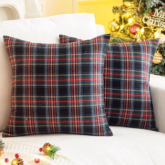 Set of 2 Christmas Scottish Tartan Plaid Throw Pillow Covers Cushion Case for Farmhouse Home Decor, 18 x 18 Inches
