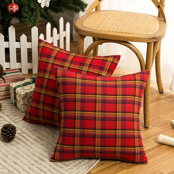 Set of 2 Christmas Scottish Tartan Plaid Throw Pillow Covers Cushion Case for Farmhouse Home Decor, 18 x 18 Inches
