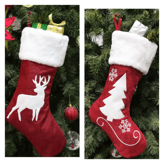 Set of 2 Christmas Stockings Bag Reindeer, Christmas Tree 17 x10