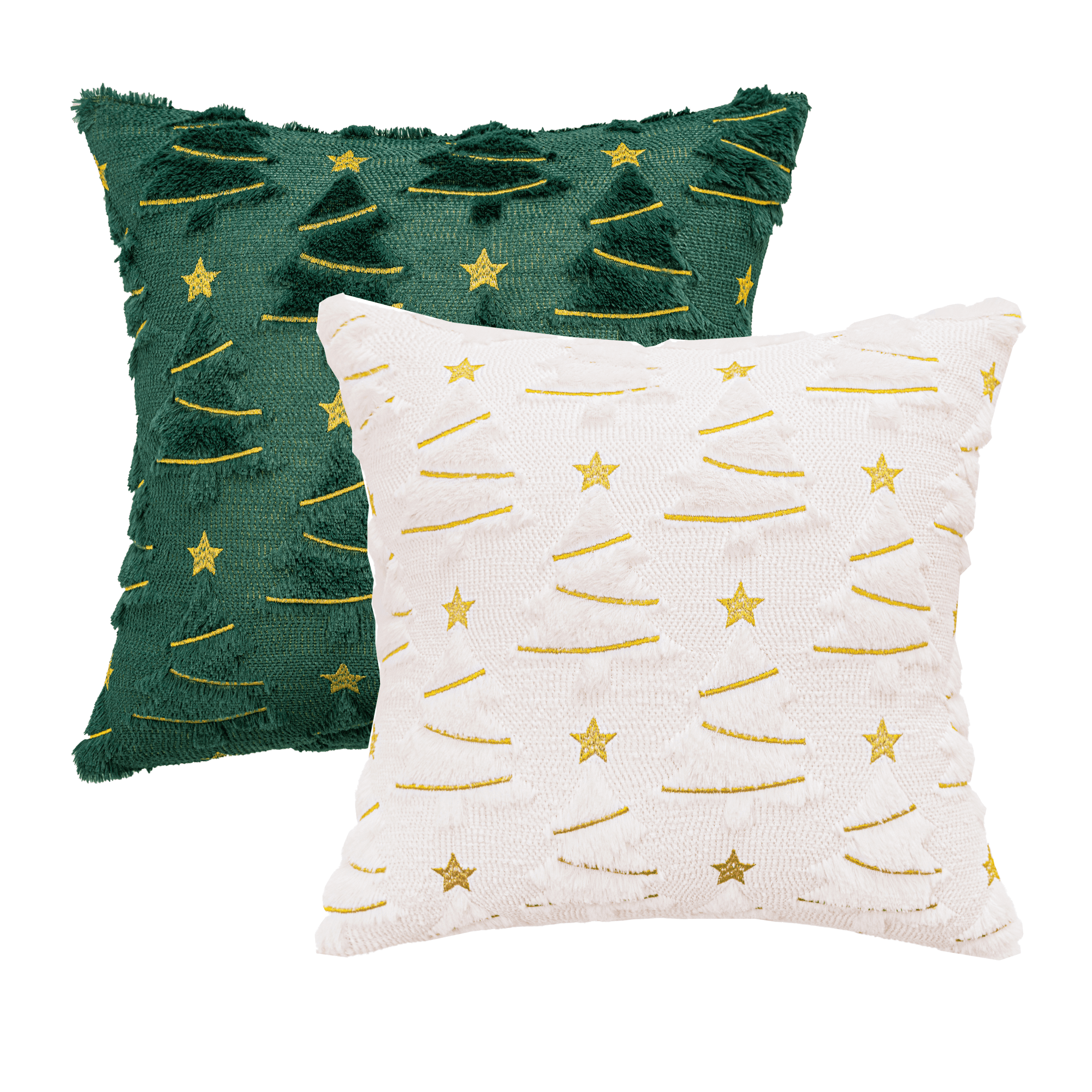 Set of 2 Christmas Tree Star White Red Green Throw Pillow Covers, Holiday Xmas Winter Plush Faux Fur Pillows Covers for Couch Sofa Home Decorations
