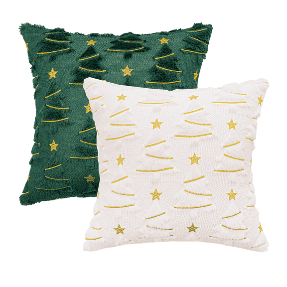 Set of 2 Christmas Tree Star White Red Green Throw Pillow Covers, Holiday Xmas Winter Plush Faux Fur Pillows Covers for Couch Sofa Home Decorations
