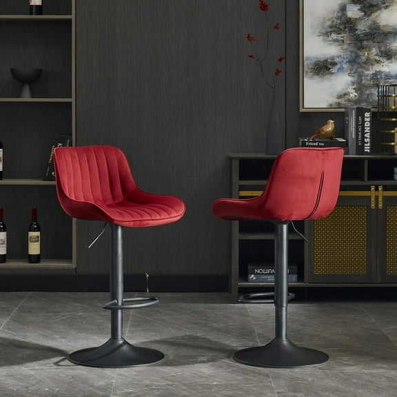 Set of 2 Chrome Footrest and Base Swivel Height Adjustable Mechanical Lifting Velvet, Blackening Leg Simple Bar Stool (Red)