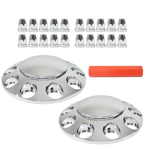 Set of 2 Chrome Front Axle Wheel Cover Caps with 33mm Lug Nuts, Compatible for Semi Truck, Replacement for Hub Cap and Wheel Hub Cover