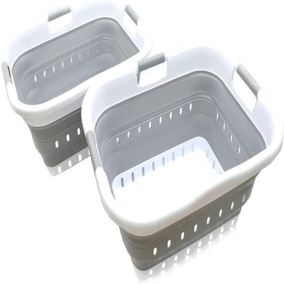 Set of 2 Collapsible 3 Handled Plastic Laundry Basket-Foldable Pop Up Storage Container/Organizer-Space Saving Hamper/Basket (2, White/Grey)