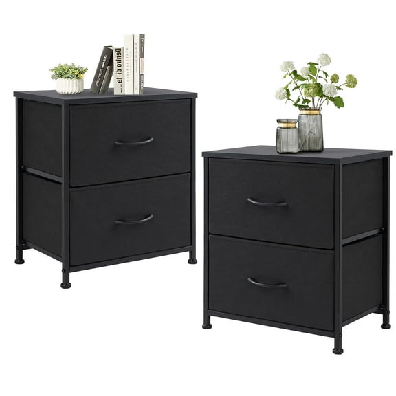 Set of 2,Compact Nightstand with 2 Removable Fabric Drawers, Adjustable Feet for Stability, Multi-Purpose Bedside End Table, Black