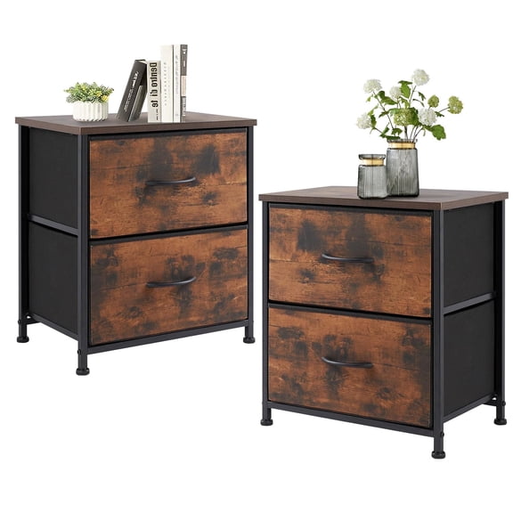 Set of 2,Compact Nightstand with 2 Removable Fabric Drawers, Adjustable Feet for Stability, Multi-Purpose Bedside End Table, Wood grain