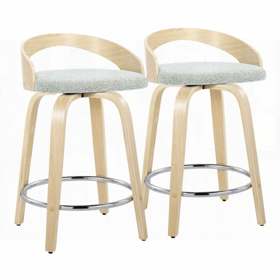 Set of 2 Contemporary 24" Fixed-Height Counter Stools with Swivel in Natural Wood & Light Green Fabric - Chrome Footrest