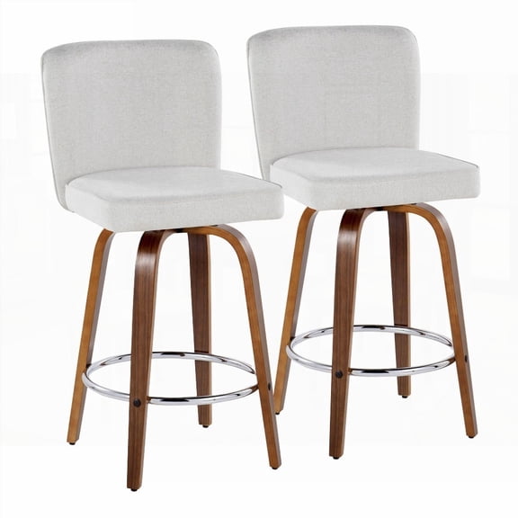 Set of 2 Contemporary 26" Fixed-Height Counter Stools in Walnut Wood and White Fabric with Round Chrome Footrest by LumiSource