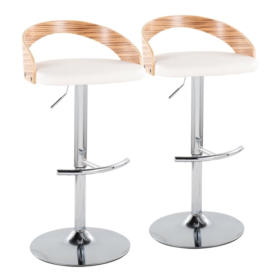 Set of 2 Contemporary Adjustable Barstools w/ Swivel, Chrome Metal Frame, Zebra Wood Seat, White Faux Leather Upholstery, Rounded T Footrest
