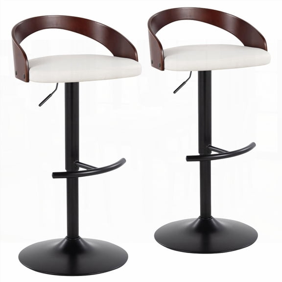Set of 2 Contemporary Barstools - Black Metal, Cherry Wood & White Faux Leather with Rounded T Footrest
