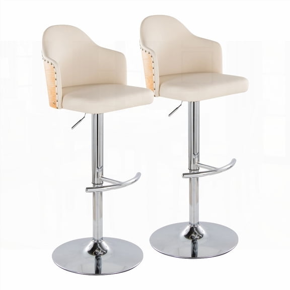 Set of 2 Contemporary Barstools - Chrome Metal, Natural Bamboo & Cream Faux Leather with Rounded T Footrest
