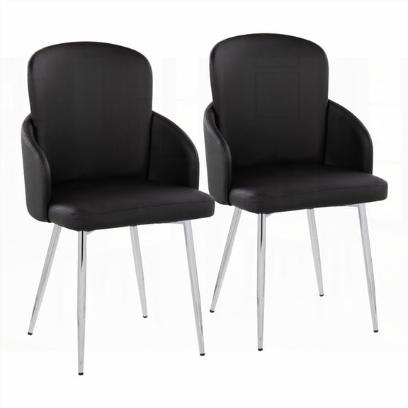 Set of 2 Contemporary Dining Chairs - Chrome Metal & Black Faux Leather with 250lbs Weight Capacity
