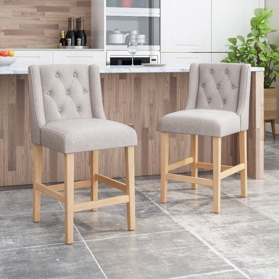 Set of 2 Contemporary Fabric Tufted Wingback 27 Inch Counter Stools - Natural Gray