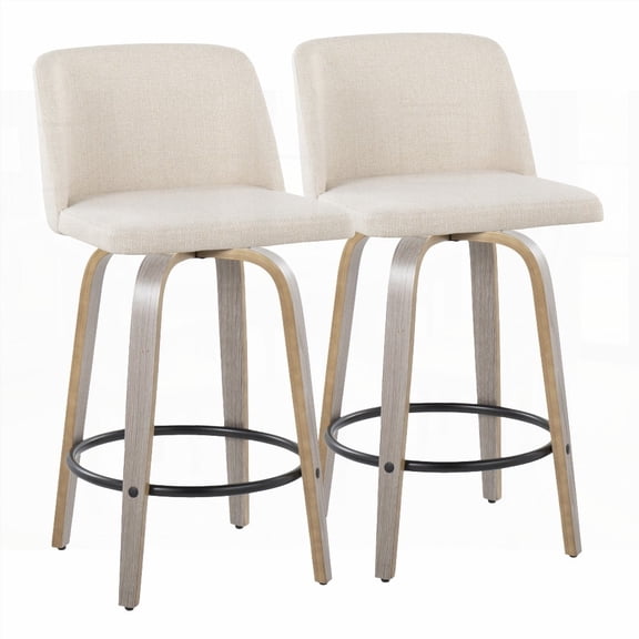 Set of 2 Contemporary Light Grey Wood and Cream Fabric Stools with Round Black Metal Footrest by LumiSource - Fixed Height 26"
