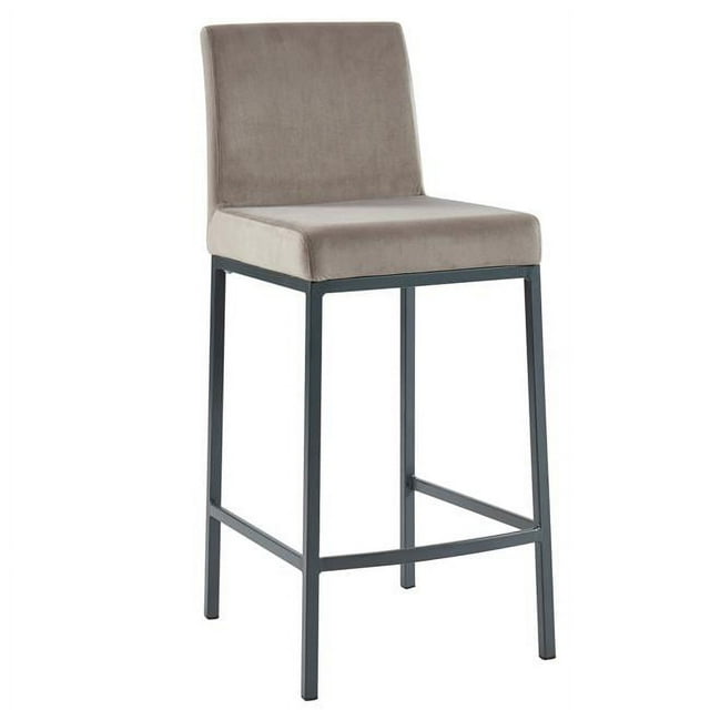 Modern Counter Stool Set Of 2 - Grey Velvet Seat, Black Metal Frame, 26\" Height