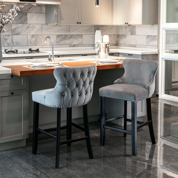 Set of 2 Contemporary Wing - Back Barstools | Button Tufted for Bar Use | Velvet Upholstery with Chrome Trim | Foam Filled for Relaxing Seats