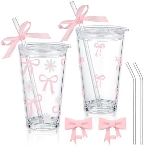 Set of 2 Coquette Bow Glass Cup 16oz Pink Bow Glass Tumbler with Lids ...