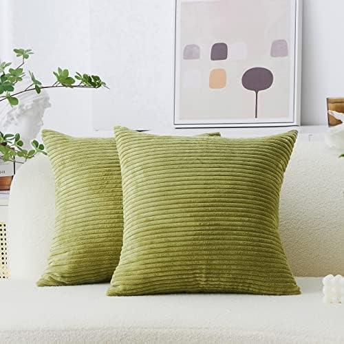 Set of 2 Corduroy Spring Pillow Covers Sofa Pillows Decorative Striped Velvet Floor Pillows for Chair Couch Decor, 55cm, 22 x 22 Inch, Grass Green