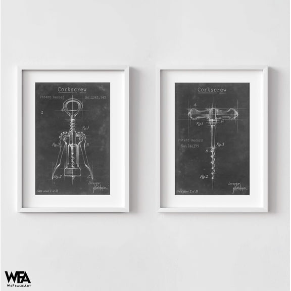 Set of 2 Corkscrew Prints, Framed Sommelier Wall Art, Wine Lover Gift, Liquor Wall Prints, Chalkboard Wall Art, Framed Wall Art